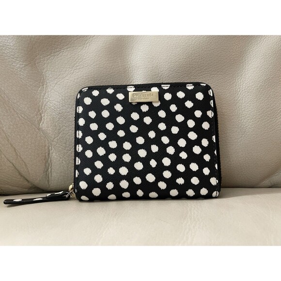 Kate Spade Bi-Fold Wallet  Black White Polka Dot Laurel Way Darci Zip Around - Picture 1 of 16